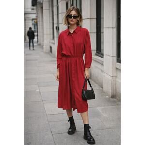 Vintage Kay Brandon Red Cotton Collared Shirt Midi Dress Women’s 12